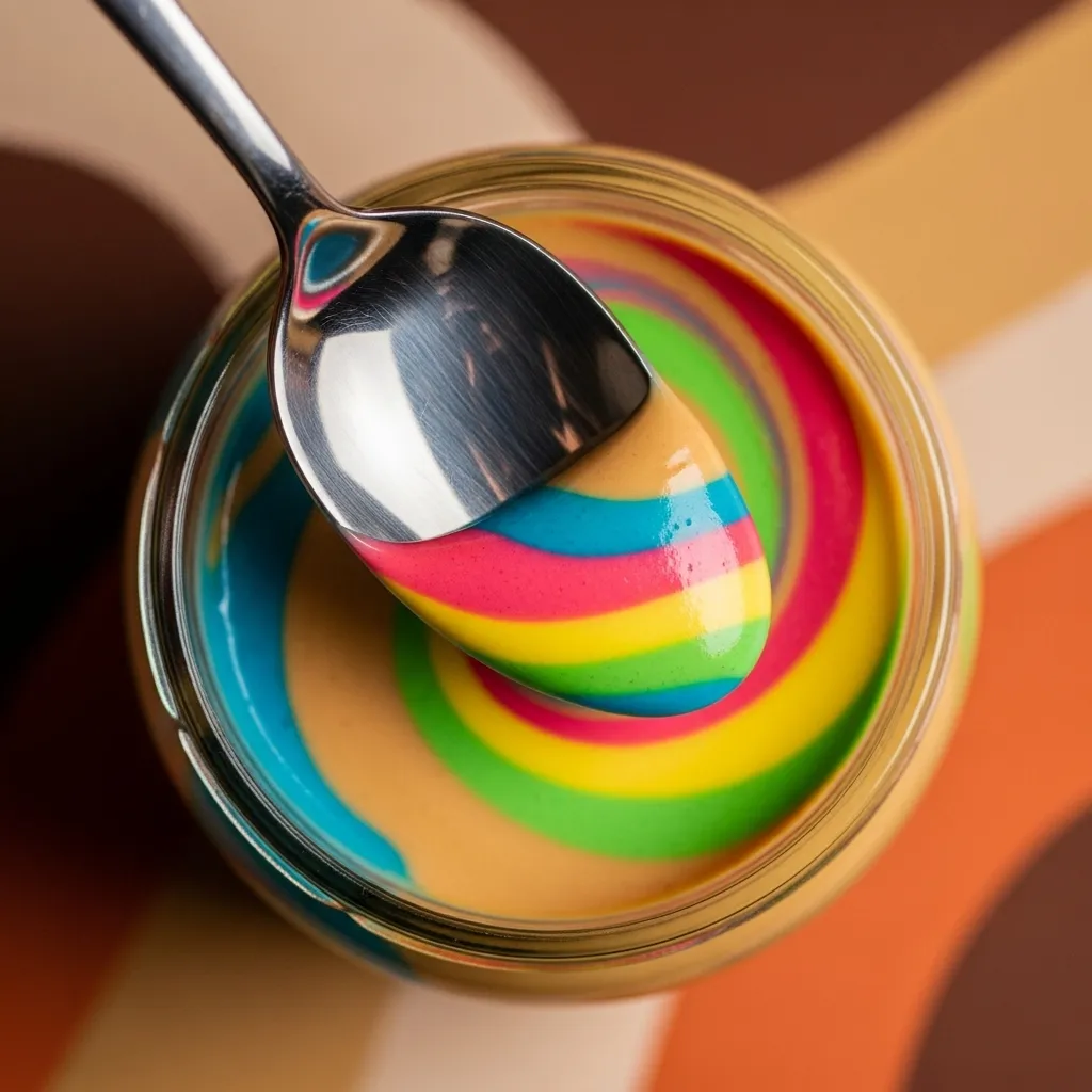 Spoon dips into vibrant, swirling peanut butter. 70s aesthetic.