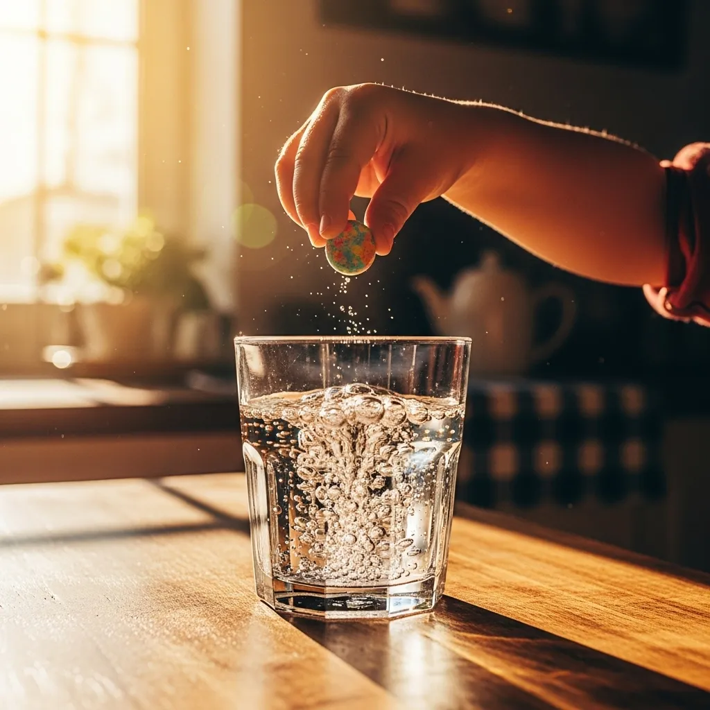 A hand drops a fizzy tablet into a glass of water, creating bubbles.