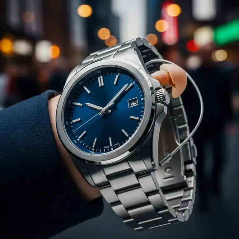 Wristwatch with earpiece reflecting a crowd, symbolizing communication and surveillance.