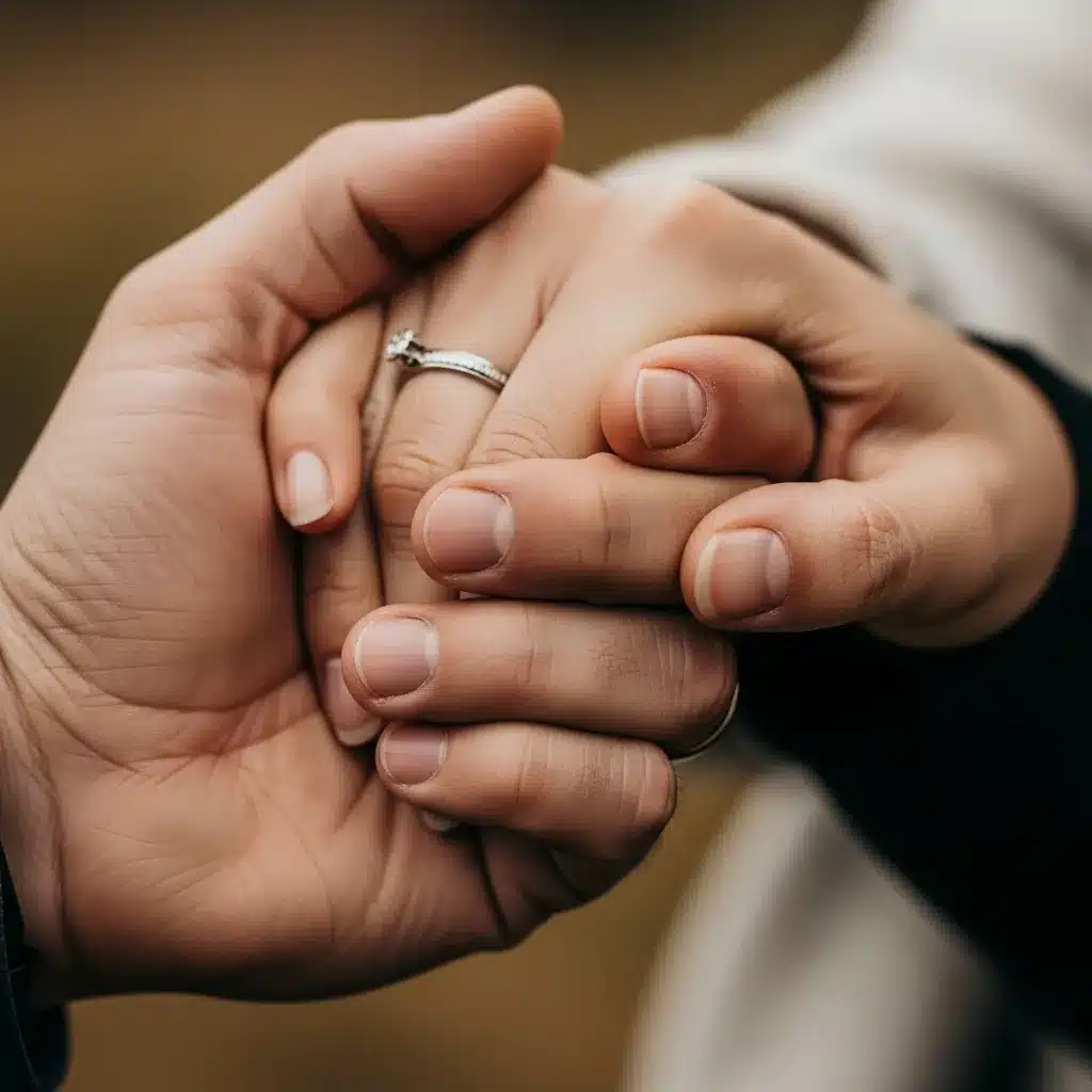 Close-up of intertwined hands, one focused, one blurred, symbolizing the duality of connection and protection.
