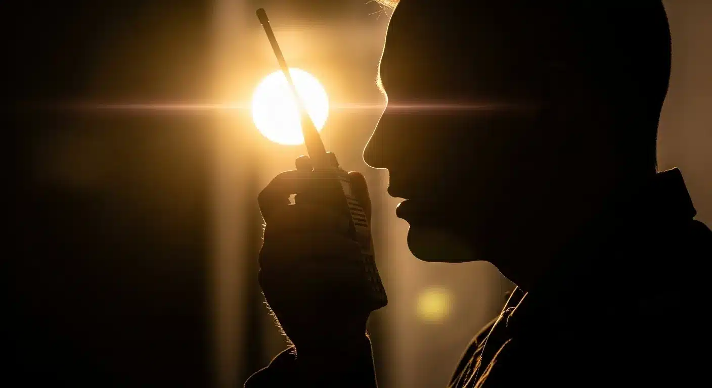 Silhouetted figure with walkie-talkie, lens flare.