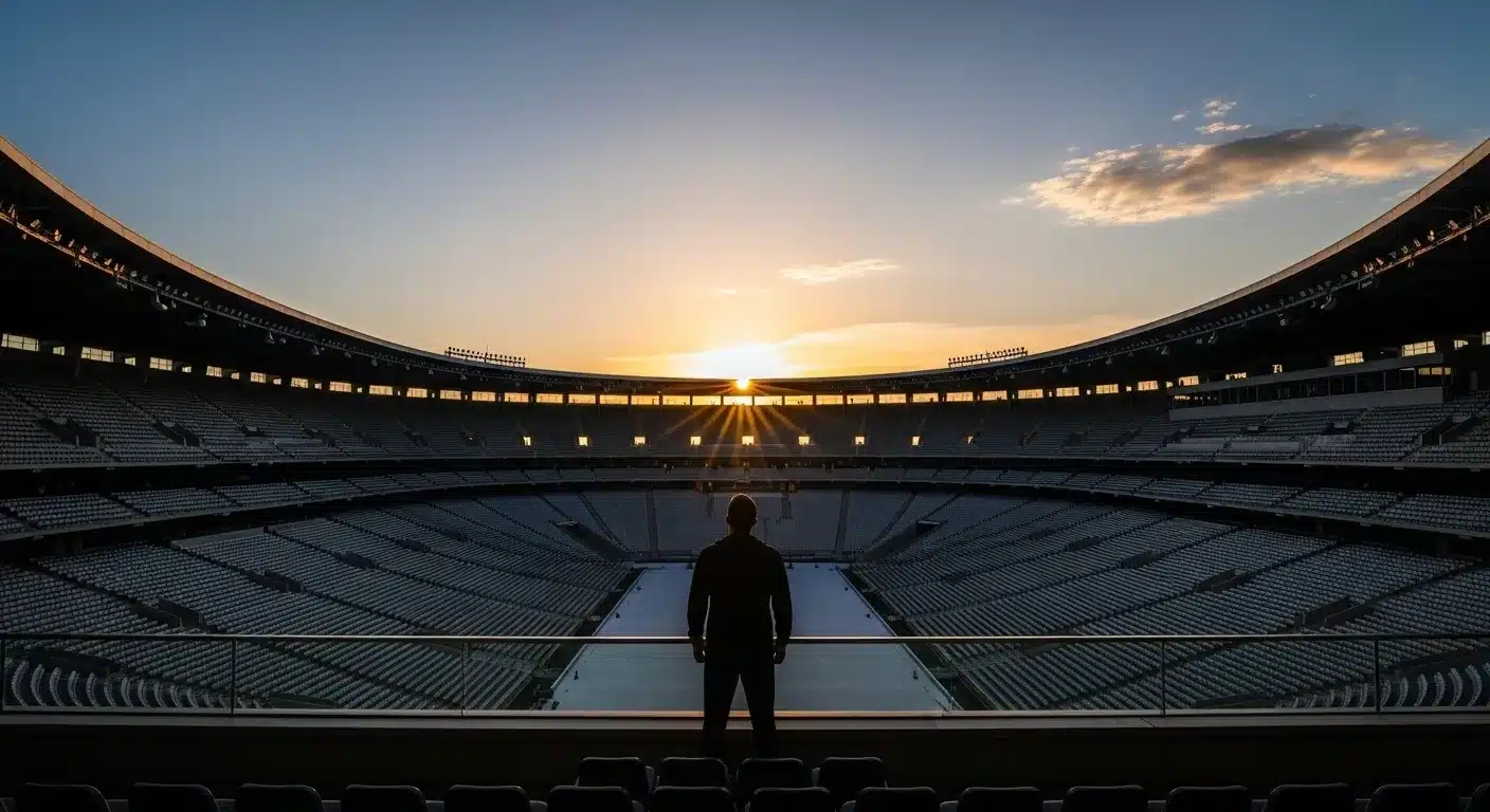 Silhouetted figure overlooking a stadium, emphasizing advance work and security.