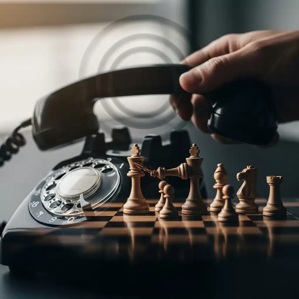 Blurred hand on phone, chess pieces in focus.
