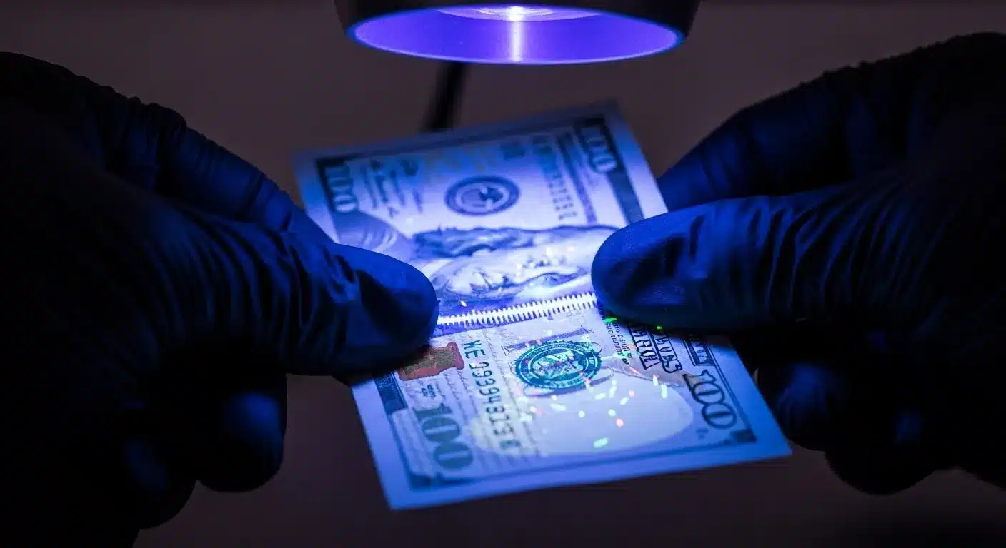Hands inspecting counterfeit currency under UV light.