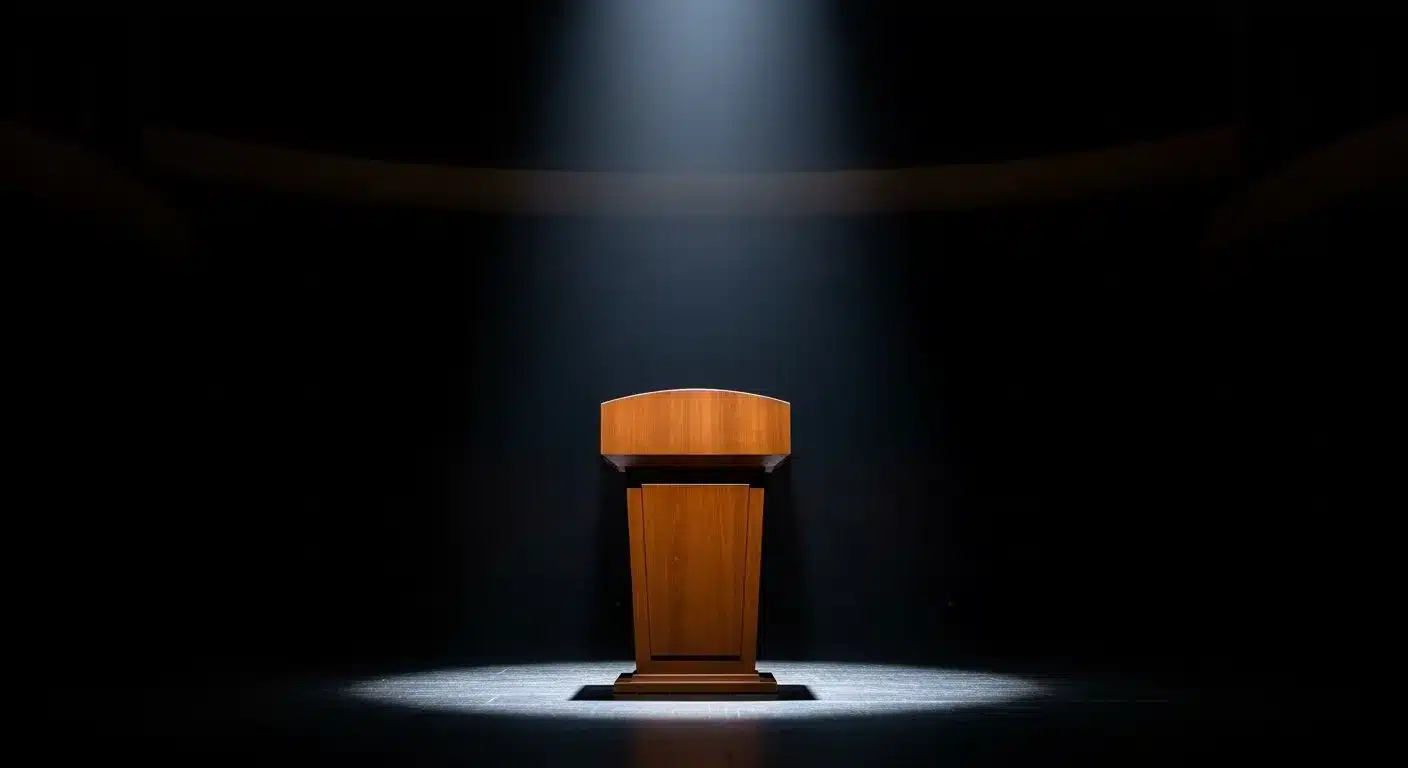 Empty podium spotlit on a dark stage.