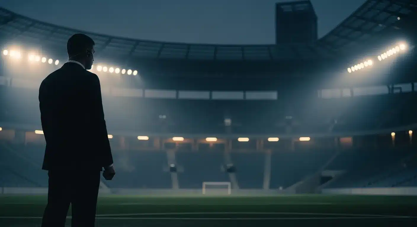 Shadowy figure in suit and earpiece, guarding empty stadium at night.