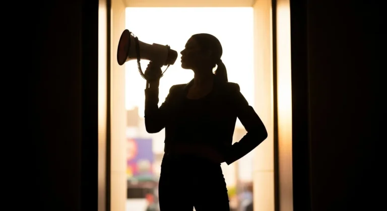 Silhouette of a woman with a megaphone, half-hidden in shadow.
