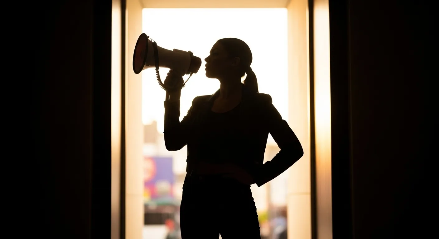 Silhouette of a woman with a megaphone, half-hidden in shadow.