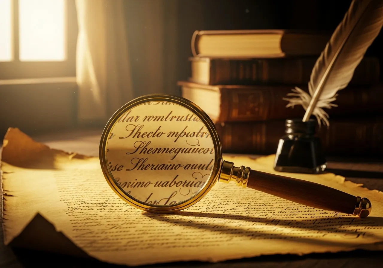 Magnifying glass on document, books and quill nearby.