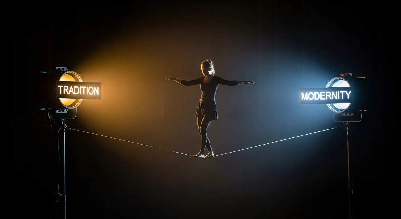 Woman on tightrope between spotlights labeled Tradition and Modernity.