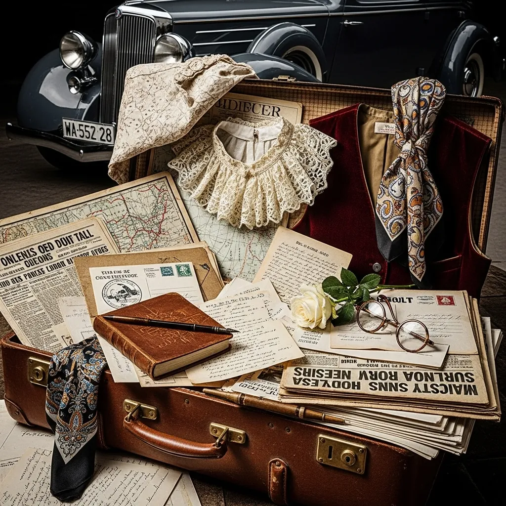 Suitcase overflowing with documents and vintage clothing, a car in the background.