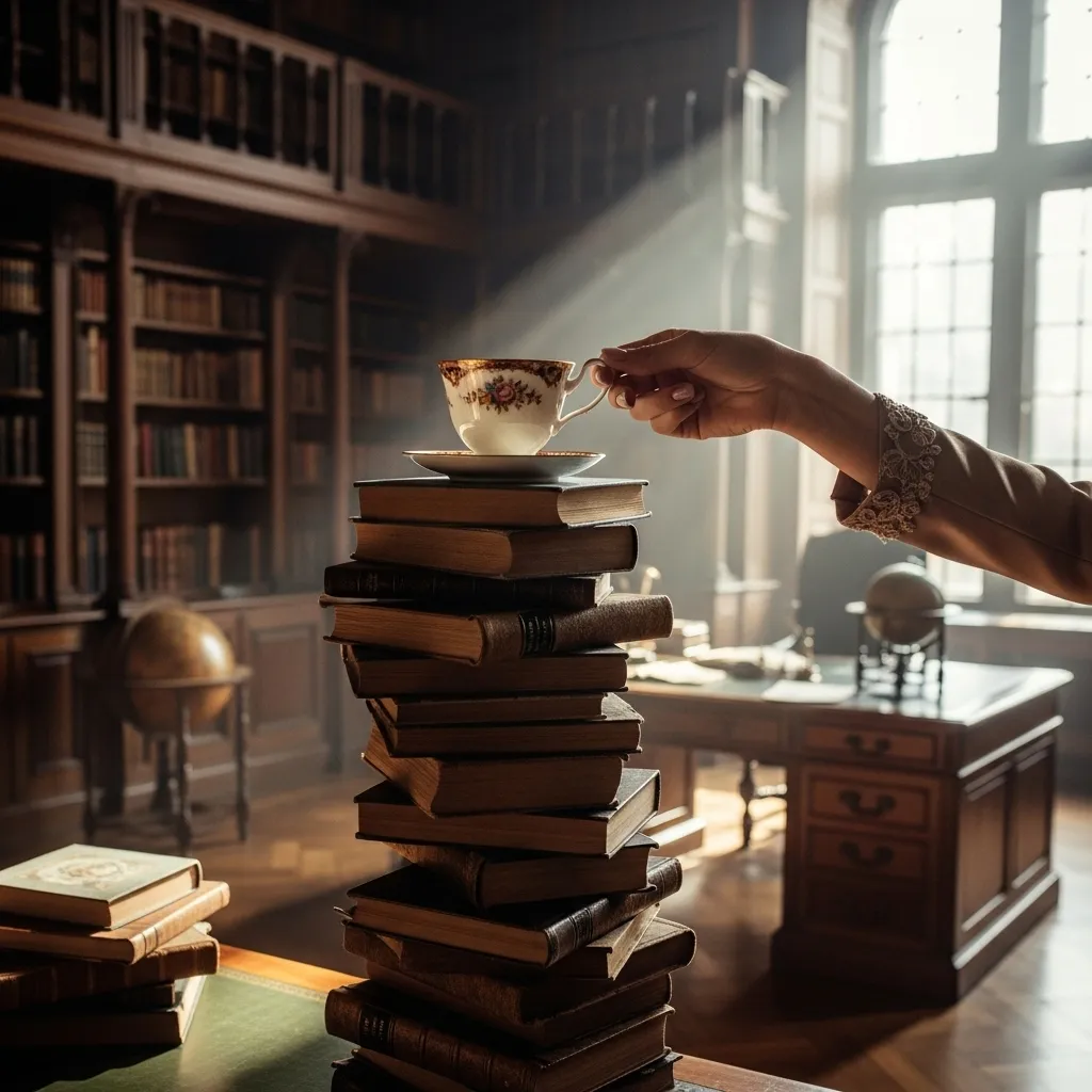 Hand balancing teacup on books, symbolizing First Lady's challenges.