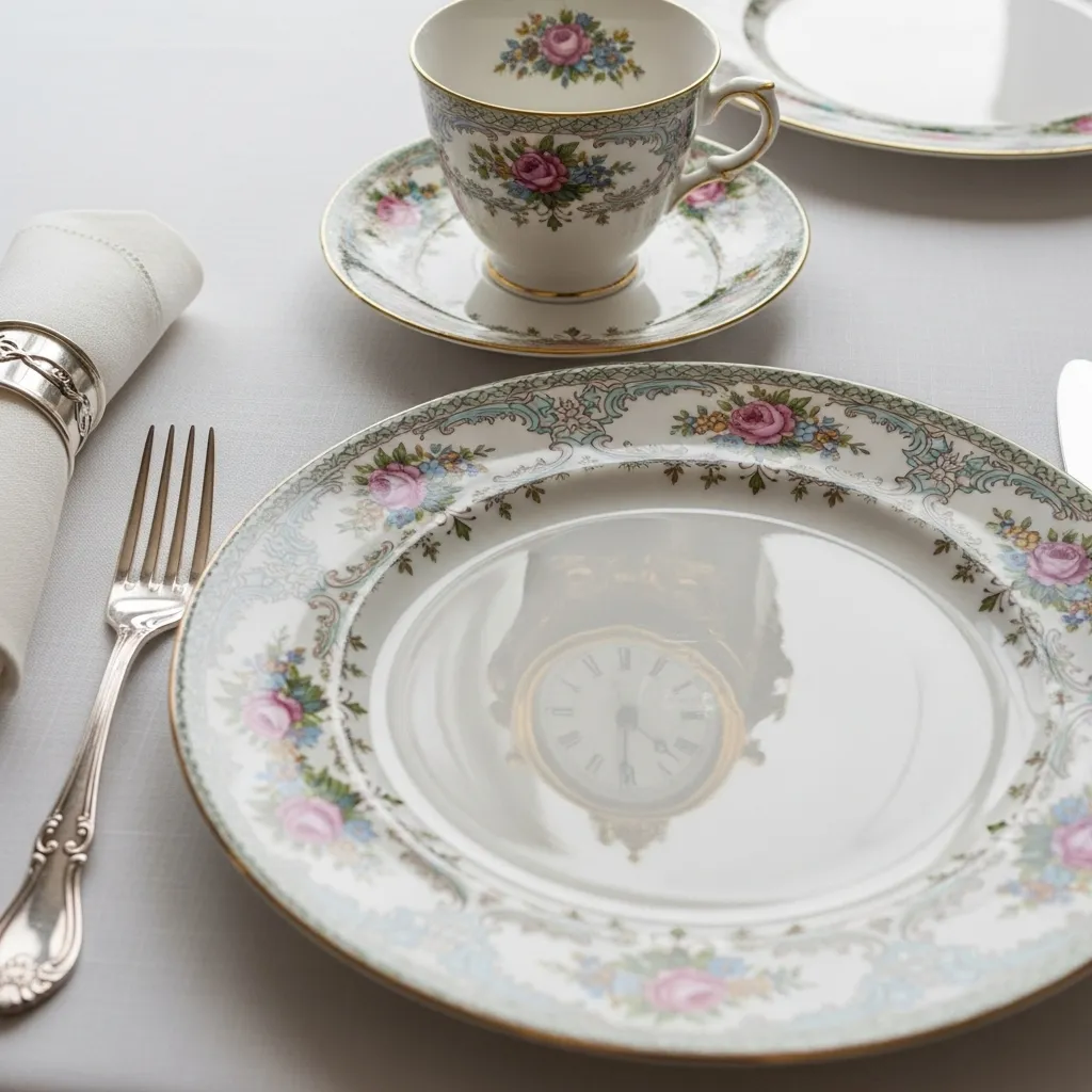 Close-up of china place setting, clock reflection in plate.