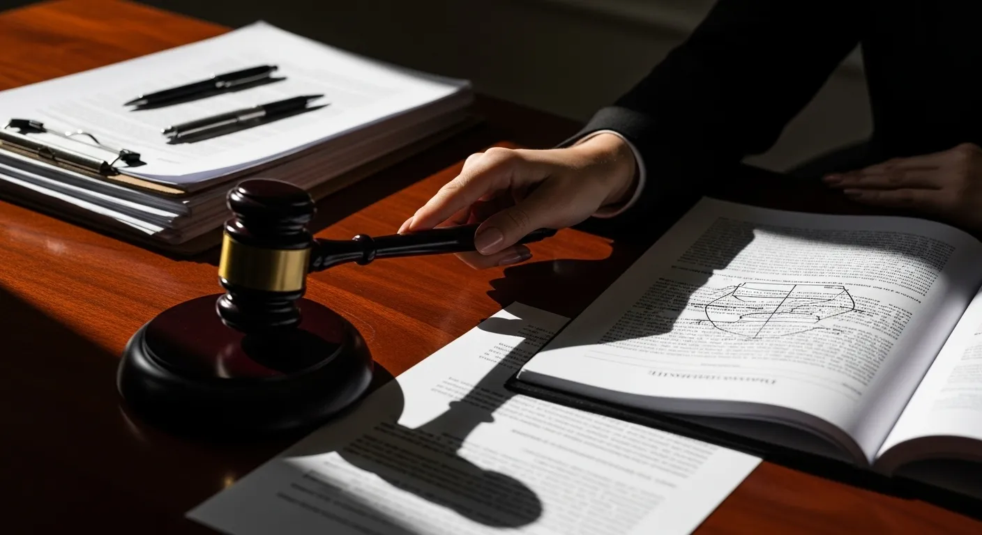 Hand reaching for gavel, papers scattered on desk.