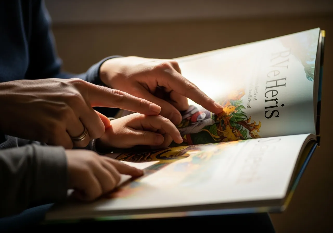 Hands holding a children's book, soft light.