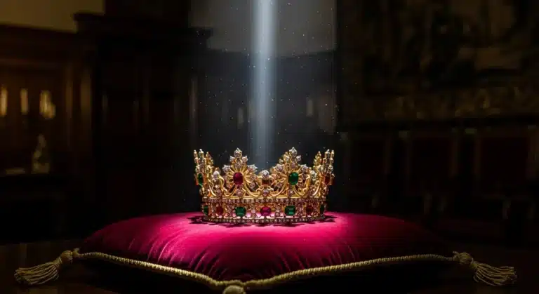 A tilted crown on a cushion in a dusty room.