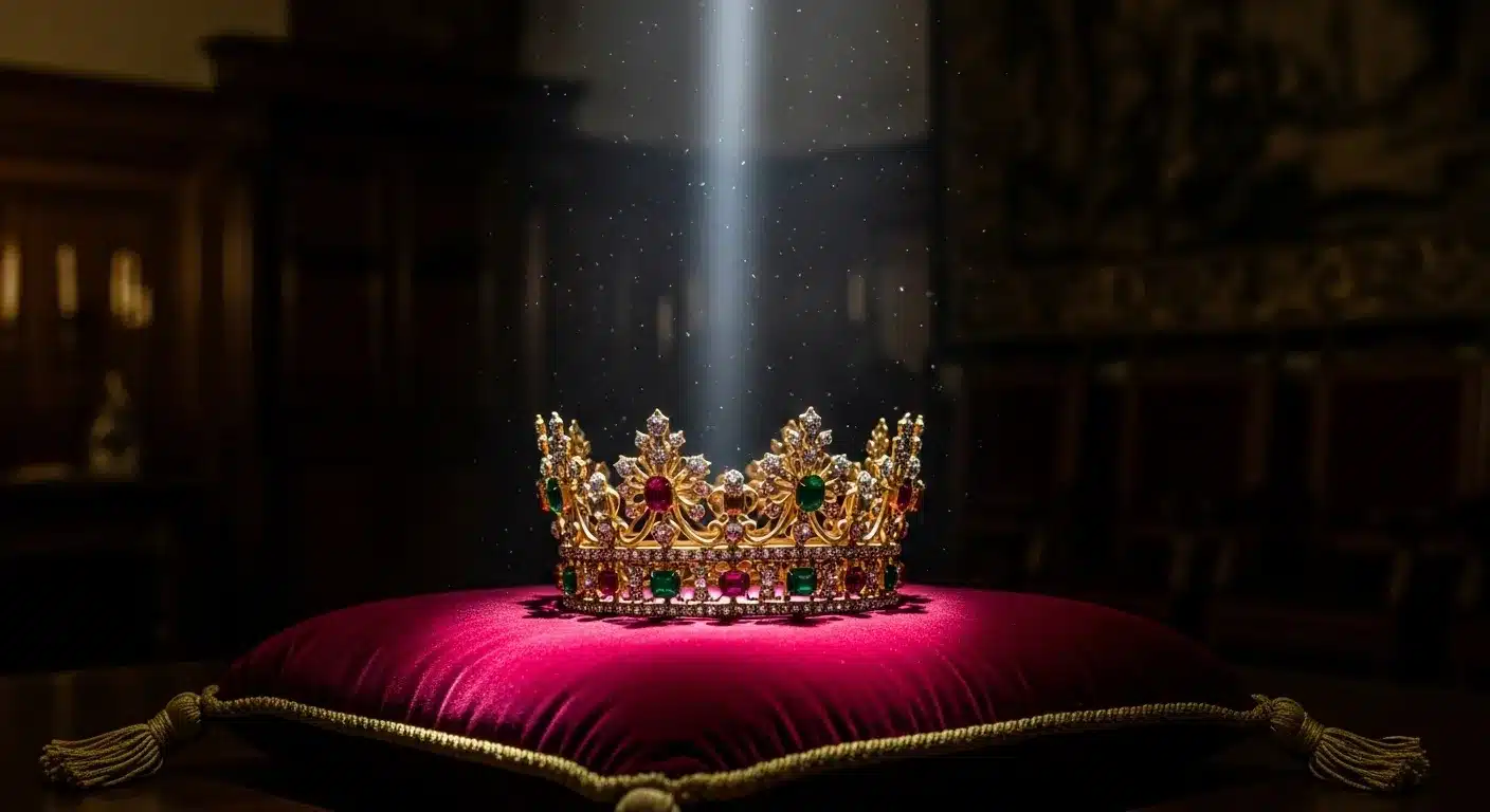 A tilted crown on a cushion in a dusty room.