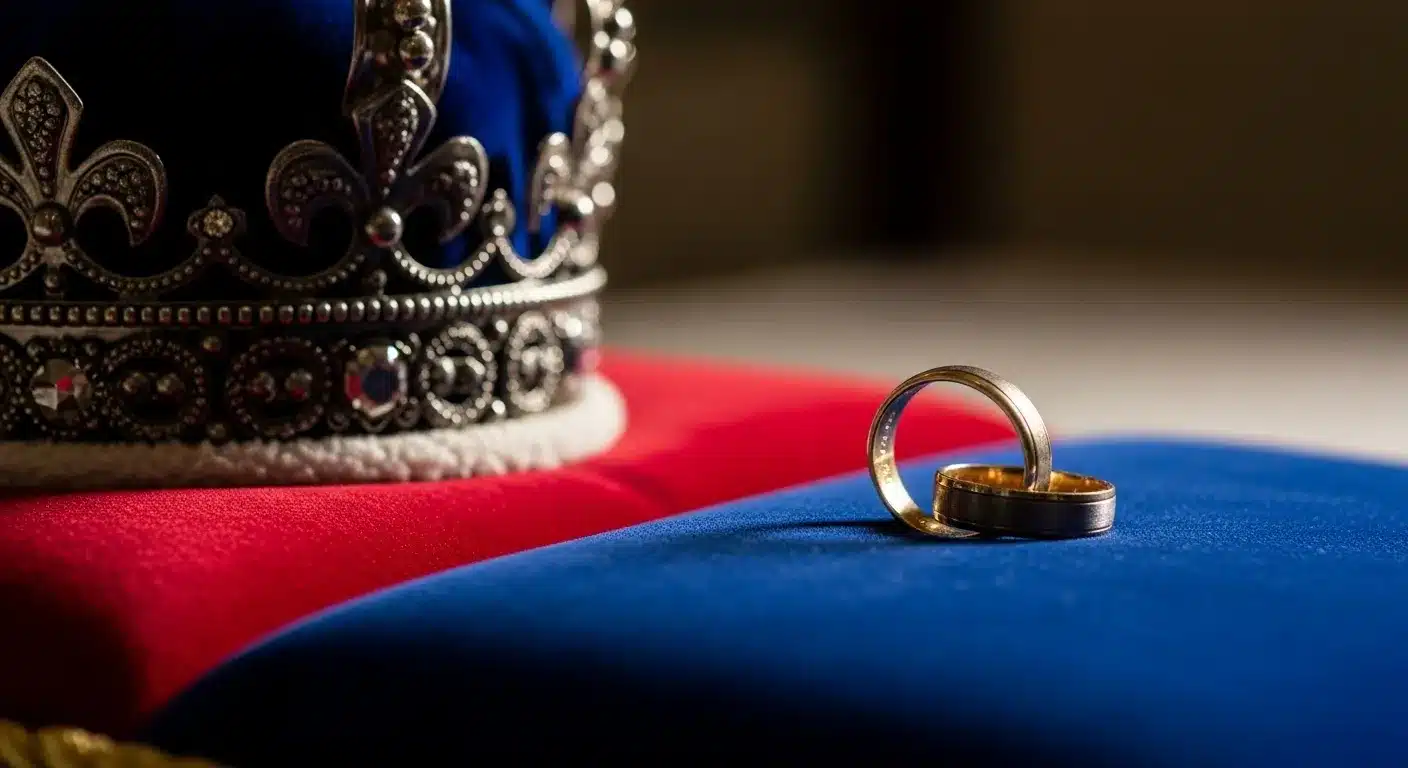 Crown and rings symbolize a king's abdication for love.