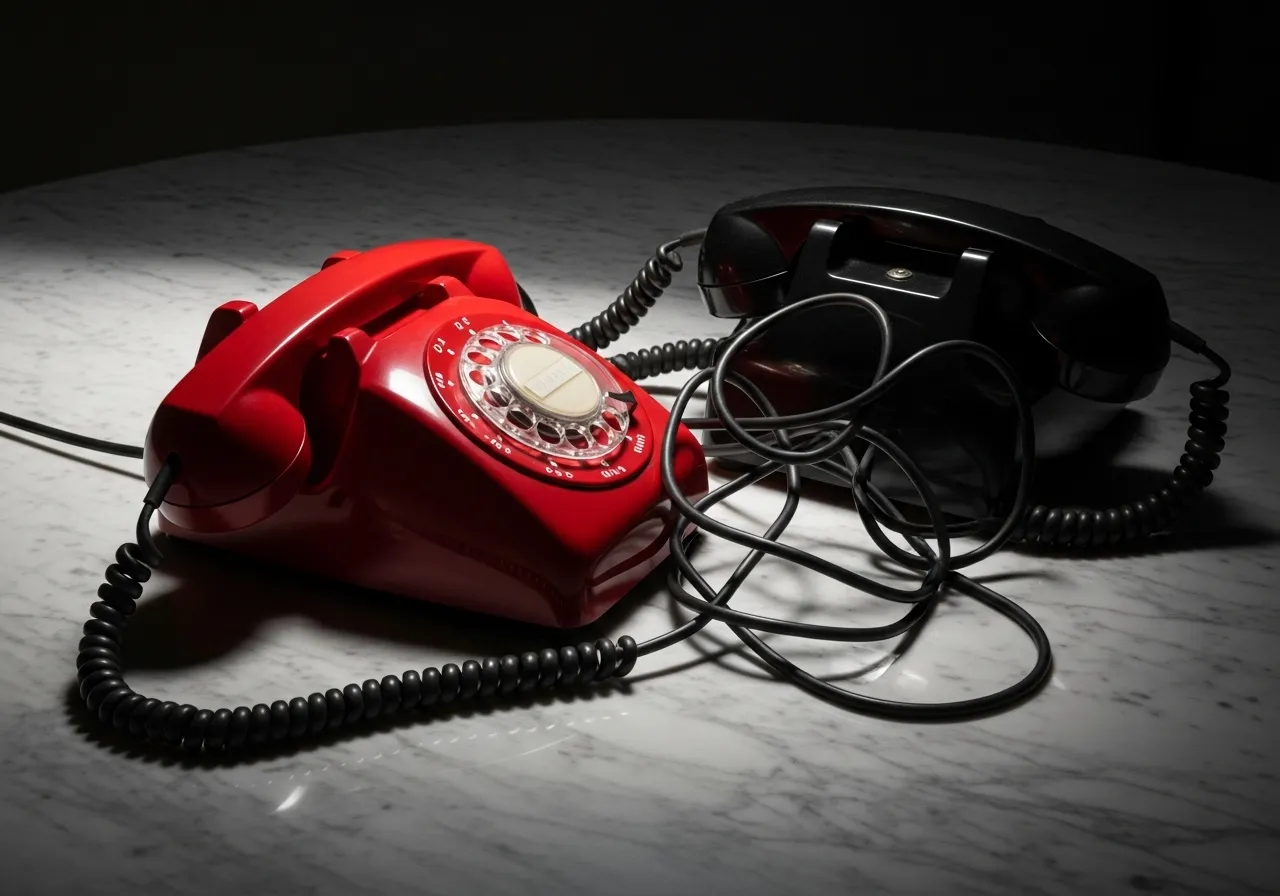 Two tangled rotary phones, one red, one black, symbolize a complicated relationship.