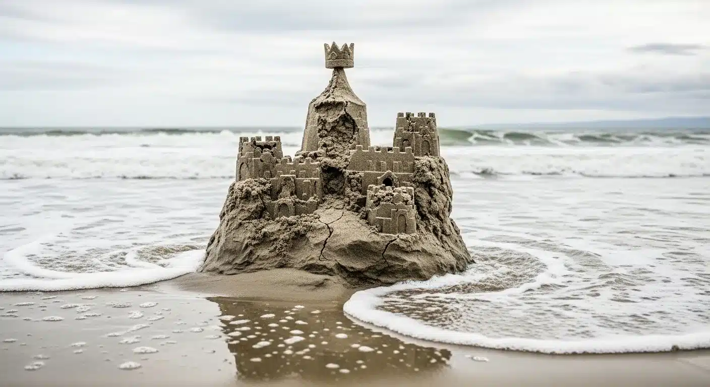 Crumbling sandcastle with crown, waves nearing. Represents a year of difficulty for the monarchy.