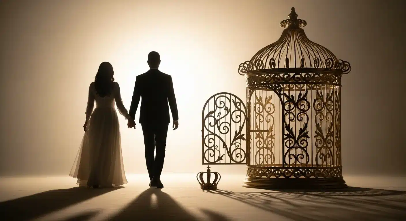 Silhouette of couple walking away from ornate cage, leaving a crown.