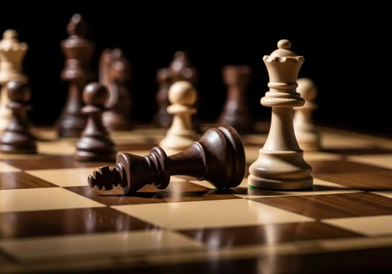 Fallen king chess piece on a chessboard, other pieces blurred.
