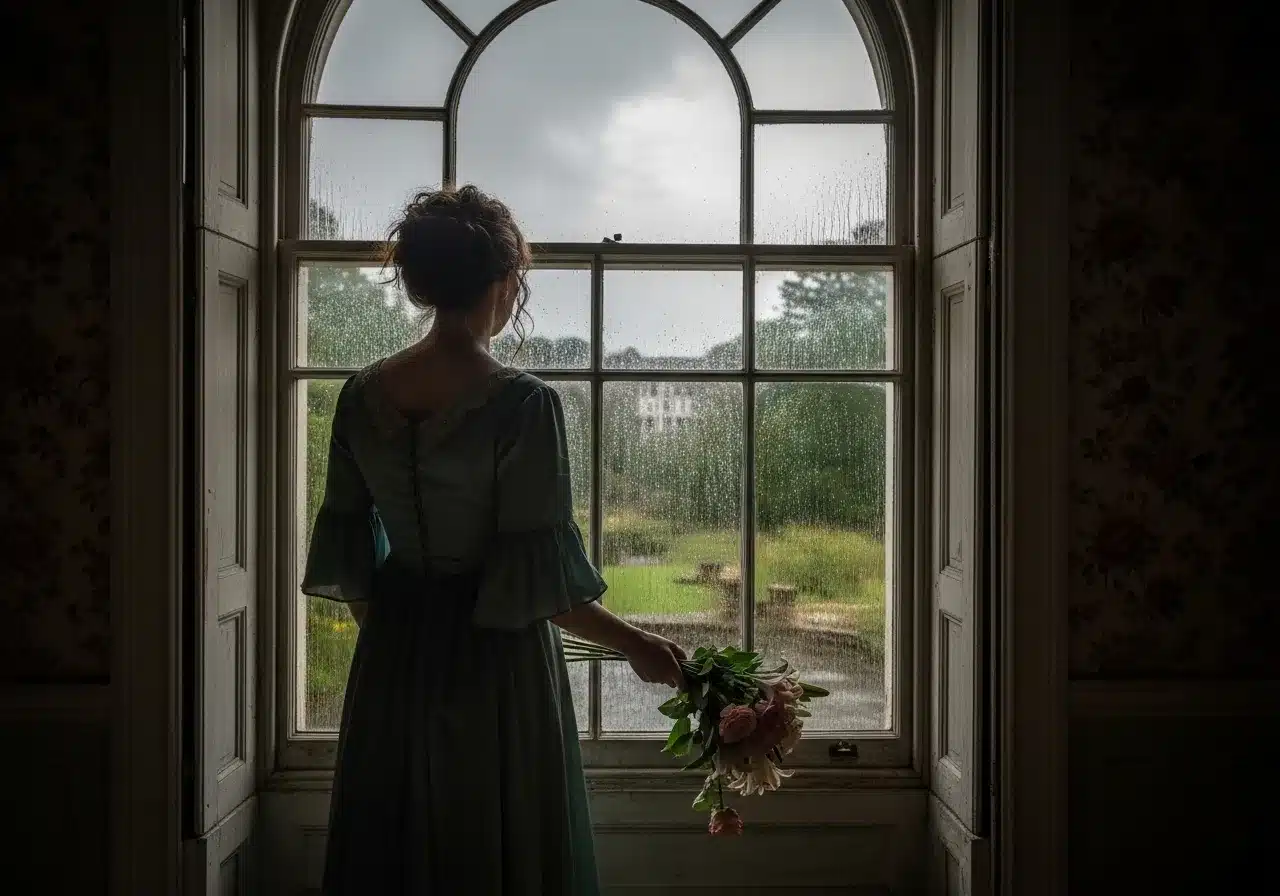 Woman with wilting flowers looking out window.