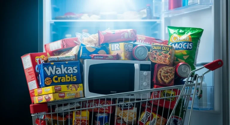 Overflowing shopping cart with ultra-processed foods, lit by fridge light.