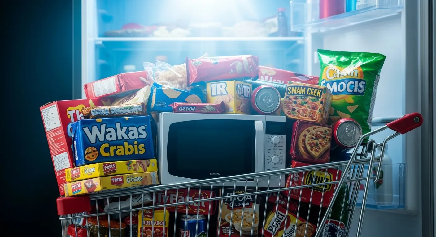 Overflowing shopping cart with ultra-processed foods, lit by fridge light.