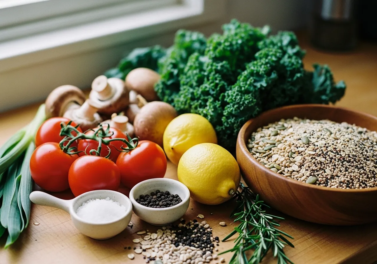 Fresh, whole ingredients in a kitchen.