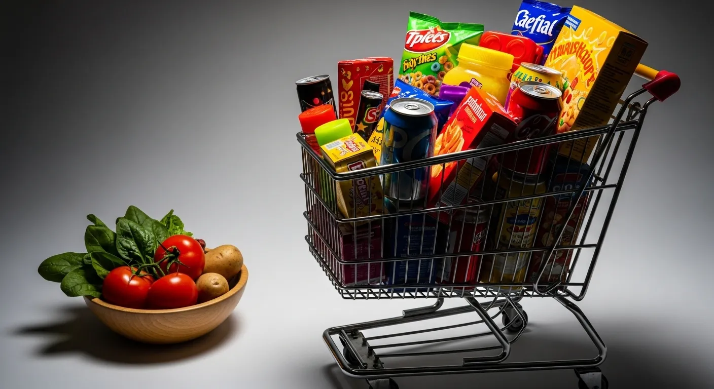 Shopping cart full of processed foods vs. a small bowl of fresh produce, symbolizing dietary choices.