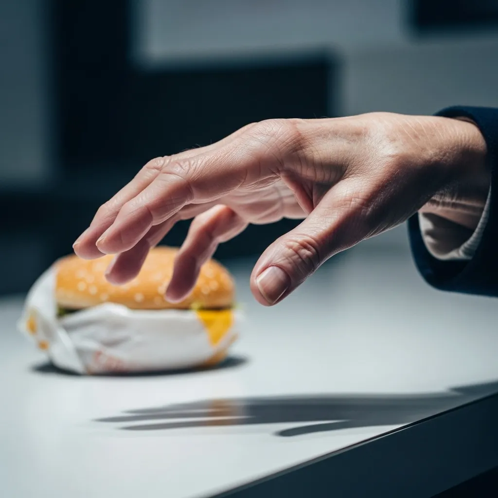 Hand reaching for unhealthy burger, illustrating link between diet and arthritis.