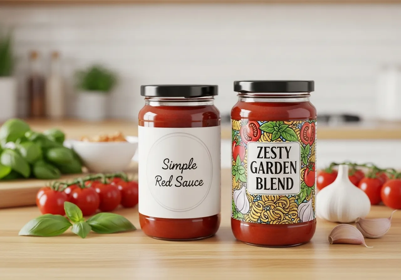 Two pasta sauce jars with different labels.