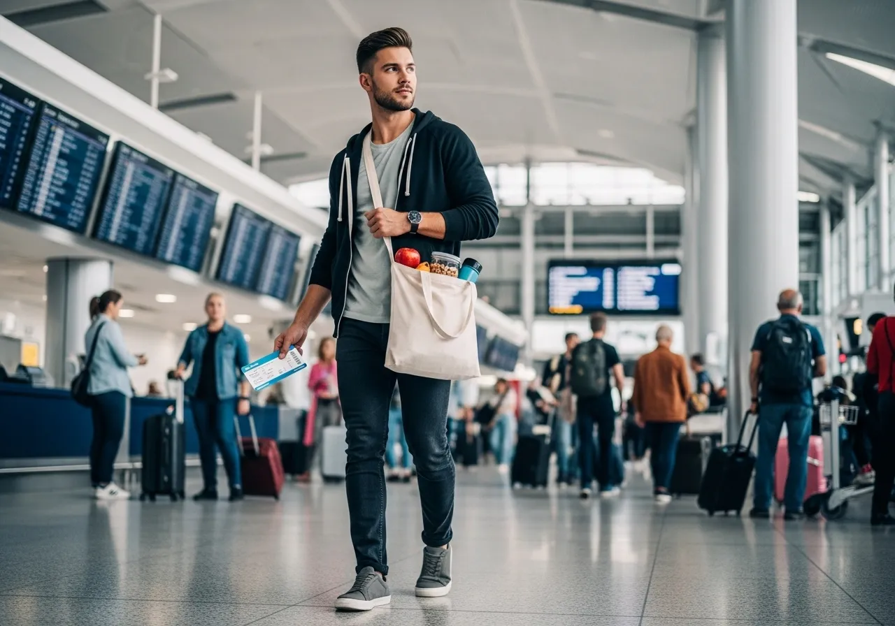 Traveler with healthy snacks in airport.
