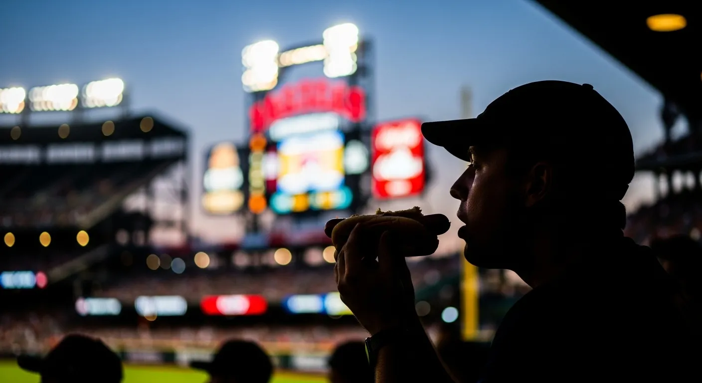 Silhouette enjoying a hotdog at a baseball game.