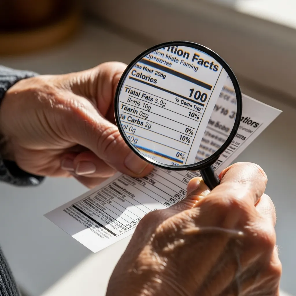 Hands inspect food label with magnifying glass.