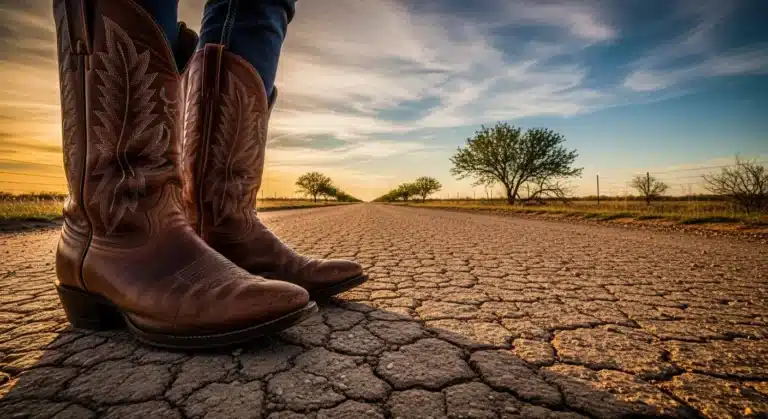 Cowboy boots on a dusty road leading towards a vast Texas sky.