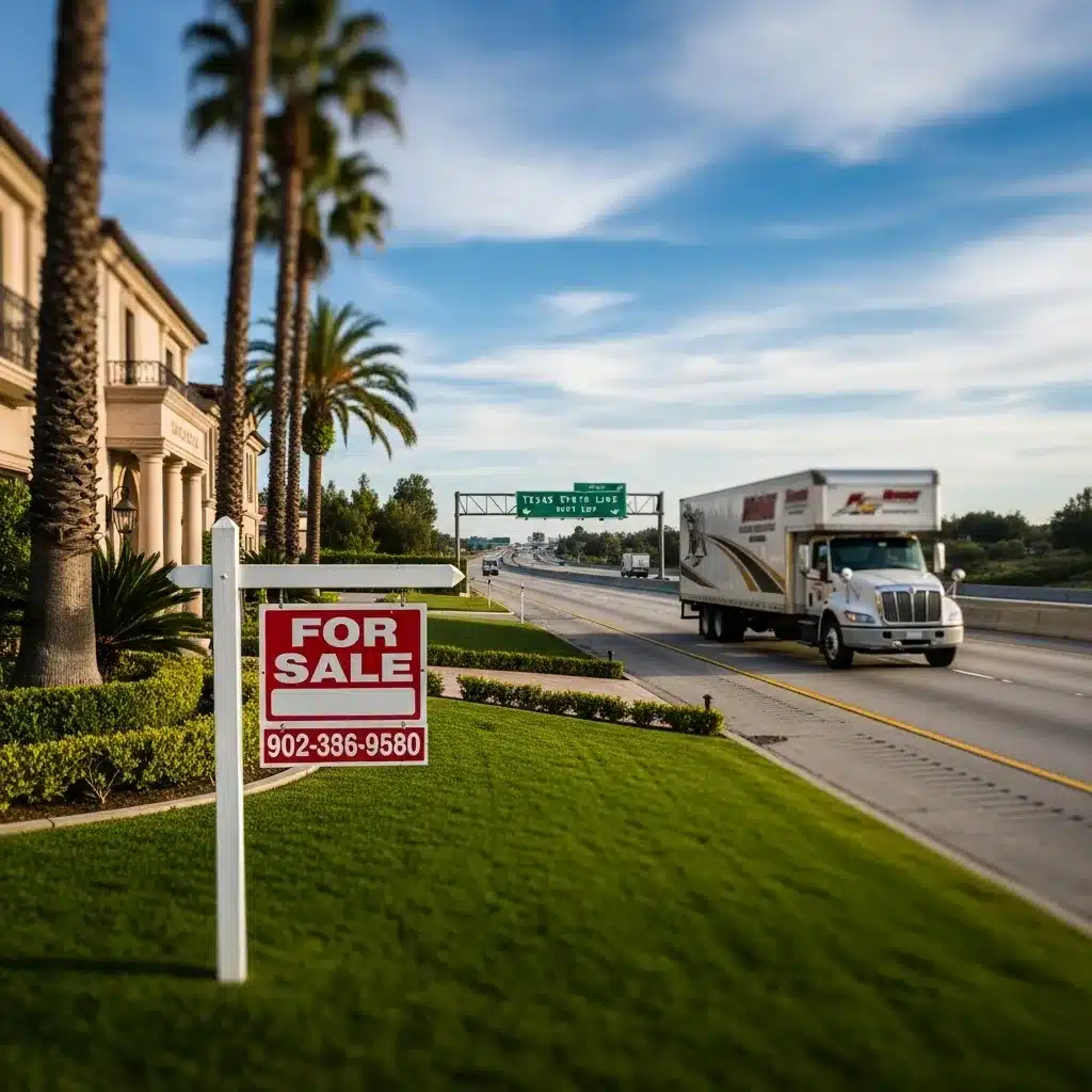 For Sale sign and moving truck symbolize migration from California to Texas.