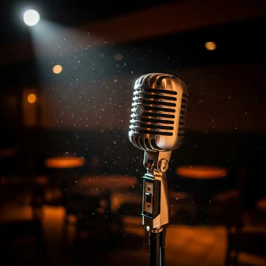 Vintage microphone on stage, spotlight and dust motes.