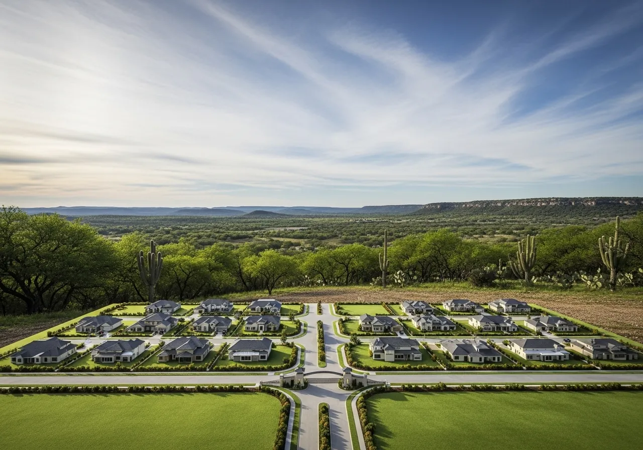 Miniature gated community against a sprawling Texas landscape, symbolizing escape and privacy.