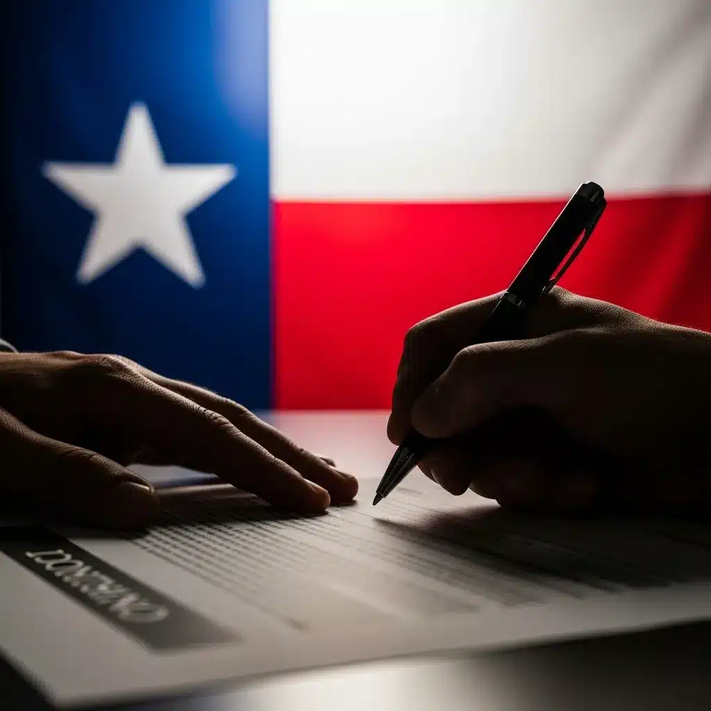 Silhouetted hands signing a contract with a Texas flag, representing financial and business incentives.