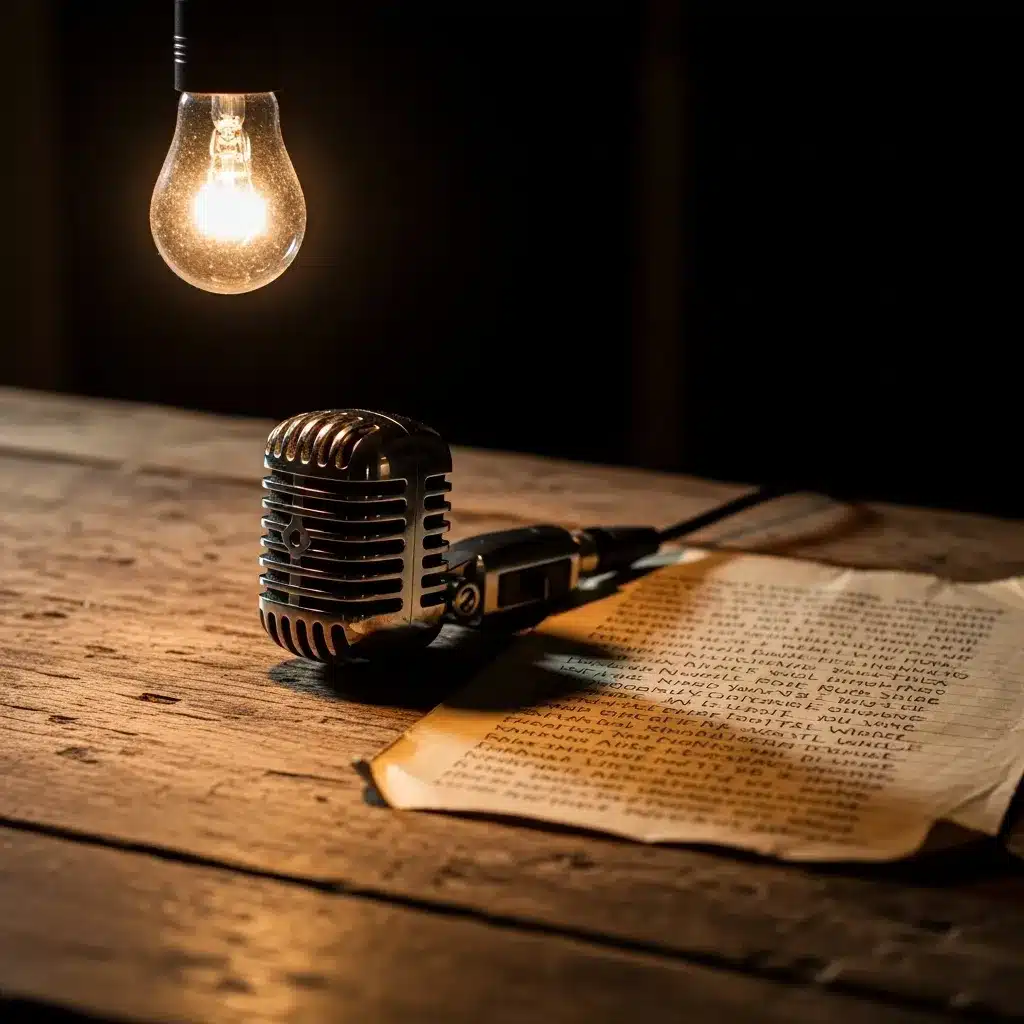 Microphone, lyrics, and lightbulb on a table.