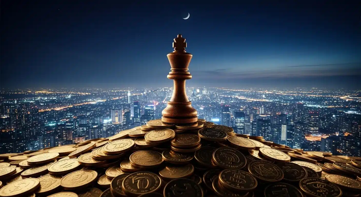 Chess king on gold coins symbolizes strategic wealth and power.