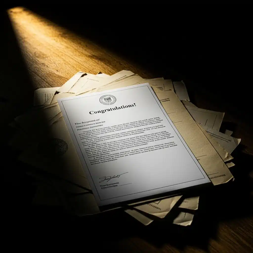 Stack of rejection letters with acceptance letter on top.