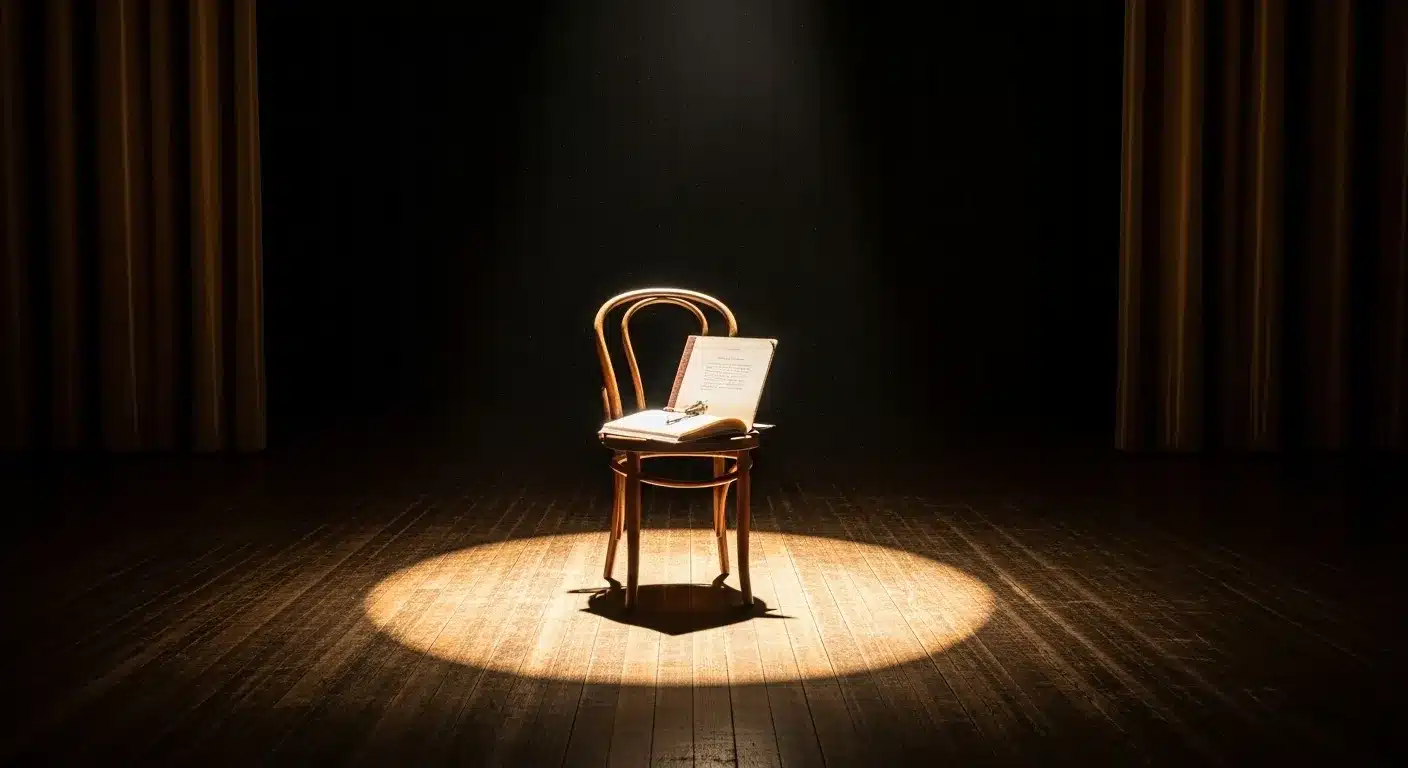 Empty stage, spotlight on a script, symbolizing humble beginnings.