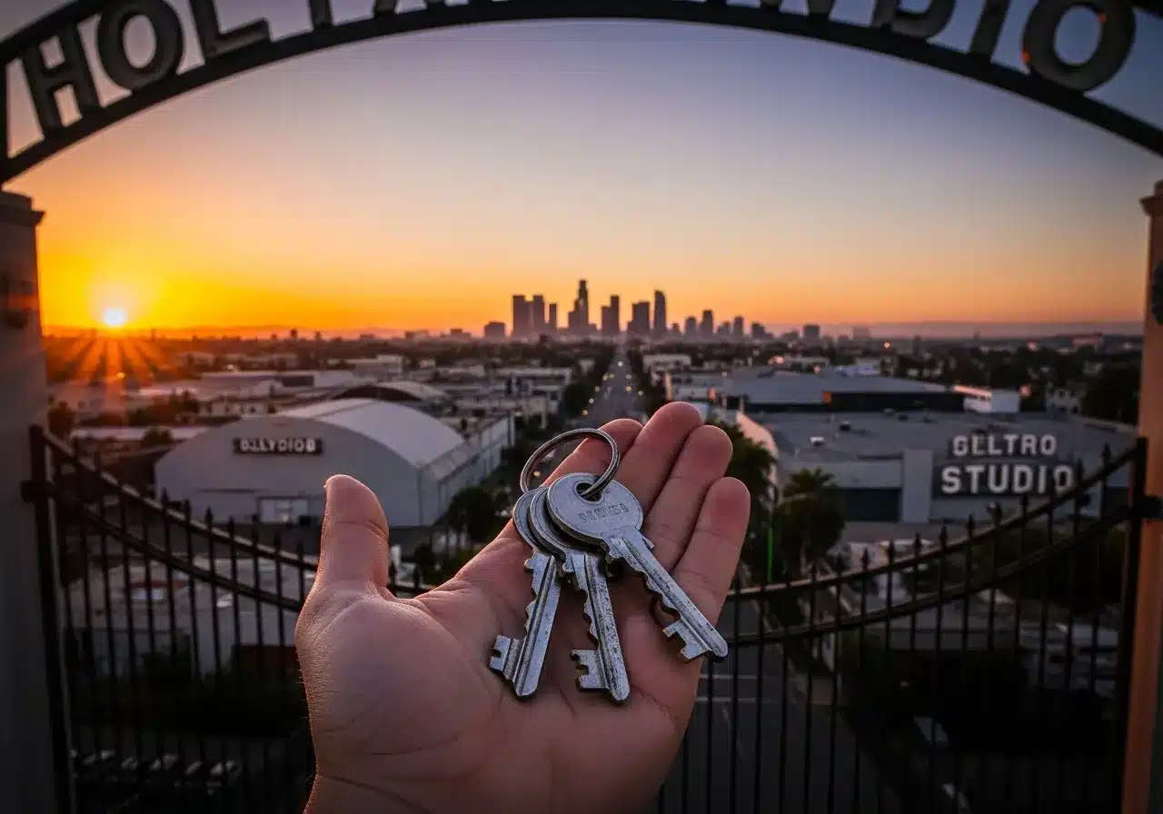 Keys to film studio, city skyline backdrop.