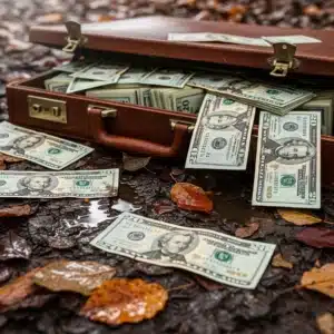 Money scattered from a briefcase on a muddy forest floor.