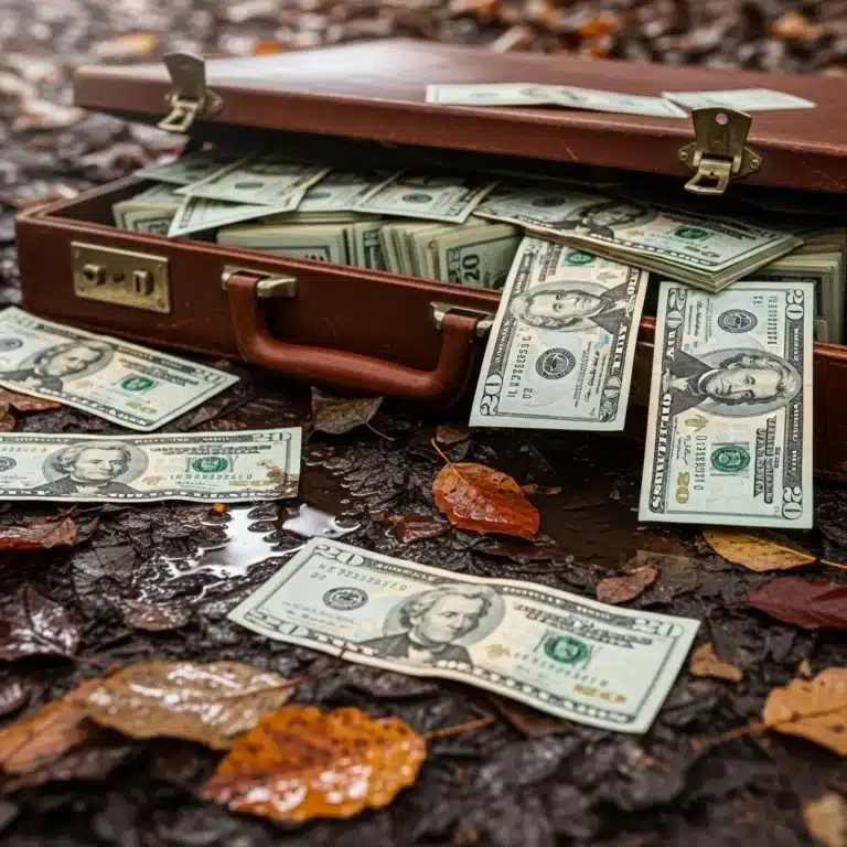 Money scattered from a briefcase on a muddy forest floor.