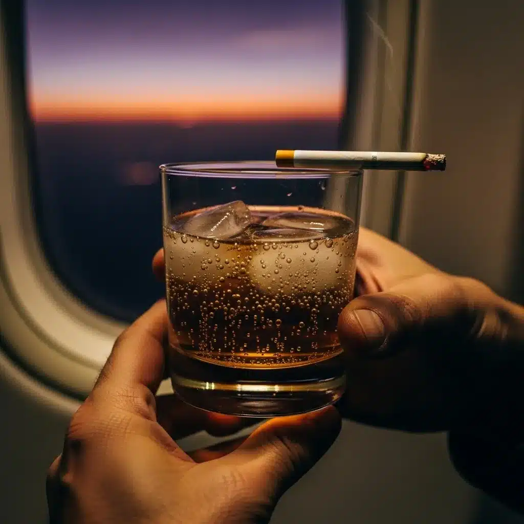 Hands holding a drink and cigarette on an airplane.