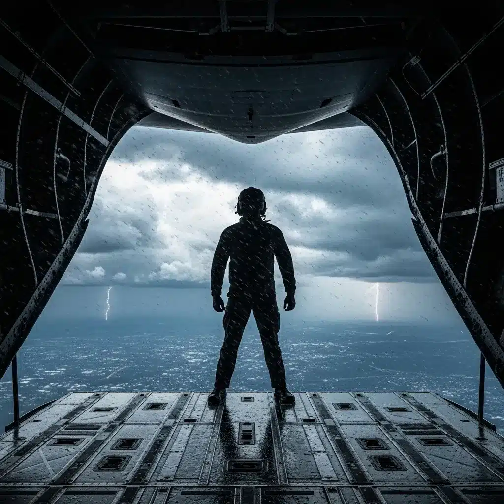 Silhouette in open airplane door mid-flight.